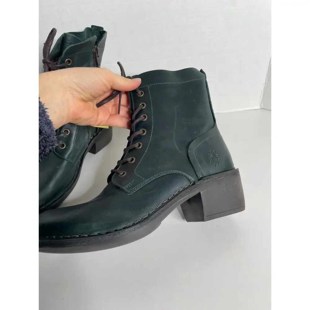 NEW NWOB Fly London Women's MILU Side-Zip Lace-up Ankle Boot Green Sizde 37